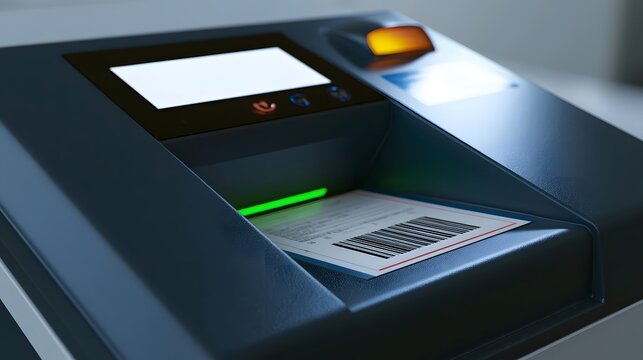 Modern automated document scanner with illuminated barcode reader and digital display for official processing tasks