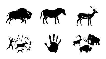 Naklejka premium 70 Prehistoric Animal Icons, Cave Art Symbols, Primitive Hunting Scene, Mammoth Silhouette, Handprint Graphic, Ancient Wildlife Vector Set 100
