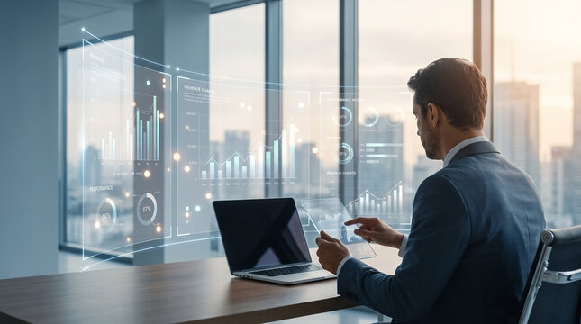 Business professional analyzing data on laptop in modern office setting