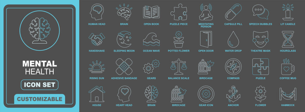 Modern Double Color Mental Health Line Icon Collection. Featuring Psychology, Therapy, Emotional Wellness, Mindfulness, Stress Relief, and Personal Wellbeing. Editable Modern Vector Icon Set.