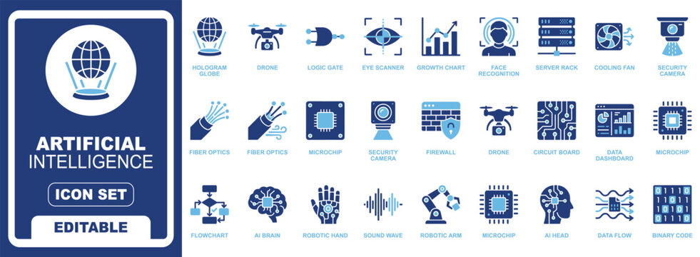 Artificial Intelligence and Machine Learning Solid Icon Set. Featuring AI Technology, Neural Networks, Automation, Chatbots, Data Processing, and Digital Intelligence. Editable Vector Glyph Collection