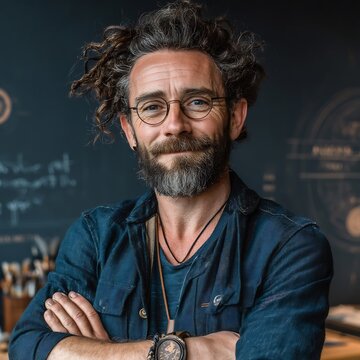 Artistic man with curly hair and beard wearing denim shirt standing with arms crossed