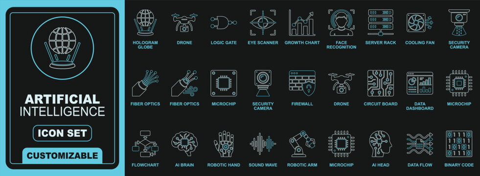 Modern Double Color Artificial Intelligence Line Icon Collection. Featuring Machine Learning, Neural Networks, Automation, Chatbots, and Digital Technology. Editable Modern Vector Icon Set.
