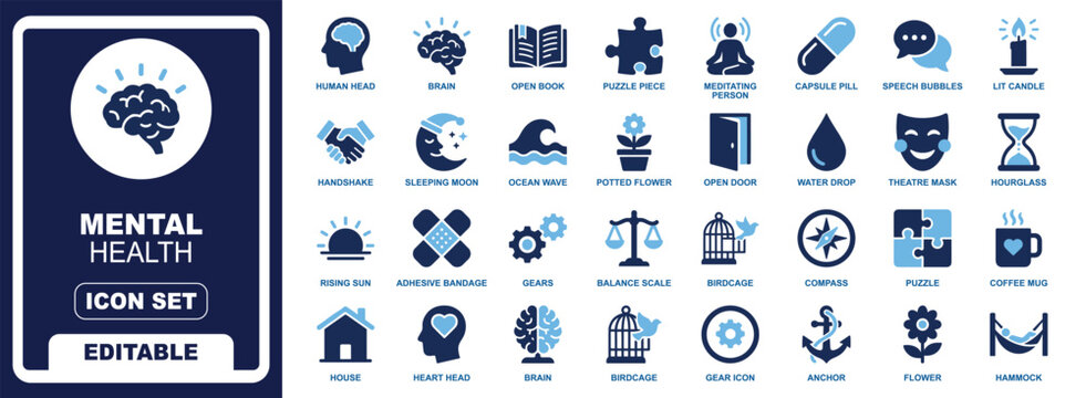 Mental Health and Wellness Solid Icon Set. Featuring Psychology, Therapy, Emotional Support, Self Care, Meditation, Mindfulness, Stress Relief, and Personal Wellbeing. Editable Vector Glyph Collection