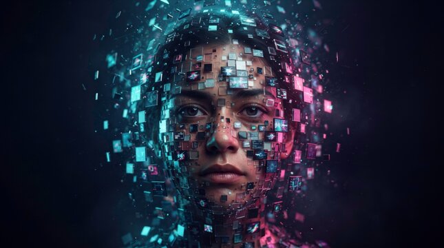 Digital Human Portrait: A striking portrait of a human face dissolving into a mosaic of glowing digital pixels, bathed in neon blue and pink light.