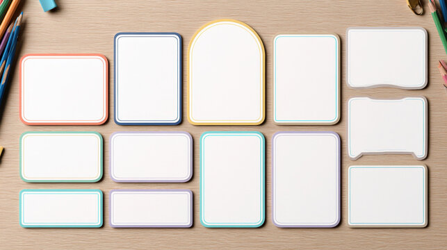 Assorted blank classroom responsibility cards with colorful pastel borders displayed as a printable template flat lay
