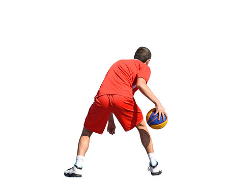 Basketball player dribbling a ball with dribbles colorful basketball on transparent background