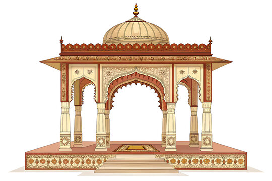 Empty Rajasthani chhatri archway, decorative arched entrance beneath a small domed canopy, premium vector style, limited terracotta, beige and gold colors, clean white background.