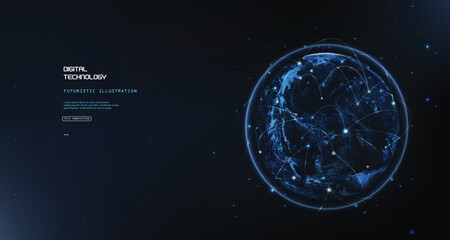 Naklejka premium Digital technology concept background featuring glowing blue earth globe with orbital network nodes and data connections for futuristic communication connectivity or scientific research.