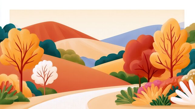 Autumn landscape flat vector illustration with colorful trees and layered rolling hills