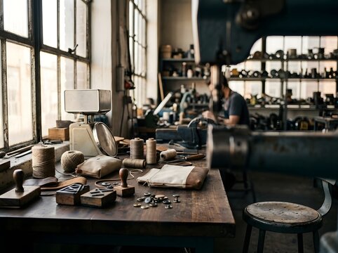 Artisanal leather goods on wooden workbench in rustic craft studio
