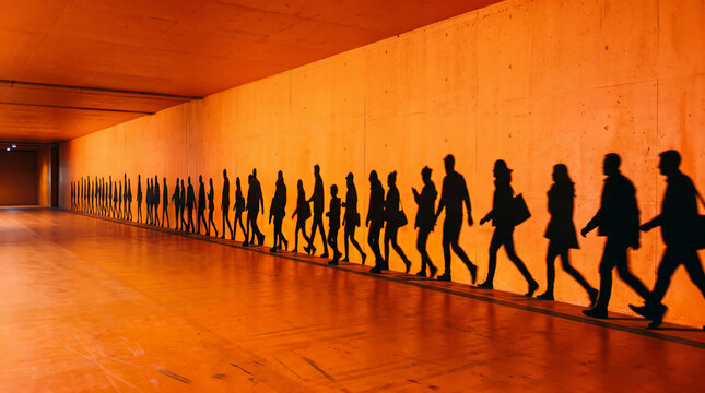 Silhouettes of a diverse crowd of people walking through a long modern hallway with warm orange illumination