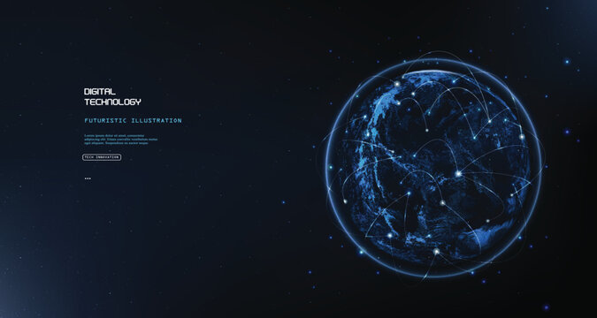Digital technology concept background featuring glowing blue earth globe with orbital network nodes and data connections for futuristic communication connectivity or scientific research.