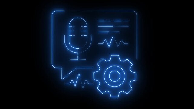 Blue glowing microphone with gear and sound waves icon