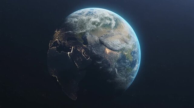Earth rotating slowly in deep space with subtle city lights during nighttime
