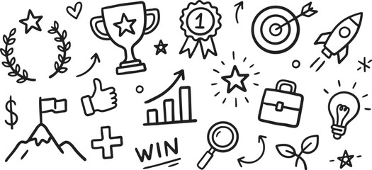 Business success doodle icons, startup growth vector set, goal achievement symbols © Meow