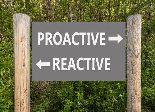 Proactive and reactive symbol. Concept word Proactive Reactive on beautiful road sign. Beautiful green forest background. Business proactive and reactive concept. Copy space.