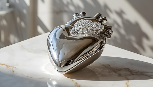 Elegant silver heart sculpture with sparkling crystal accents, smooth marble surface, premium design