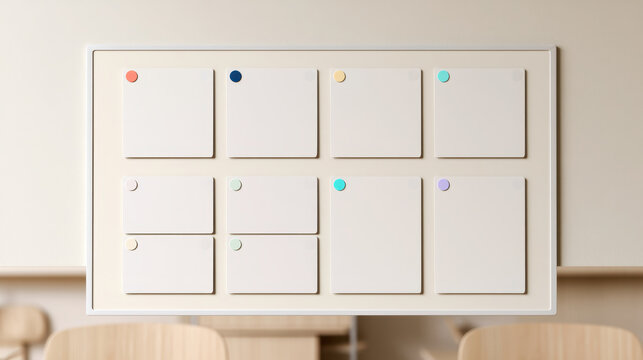 Blank classroom jobs board with white cards and colorful magnets arranged in a clean grid on a warm cream wall