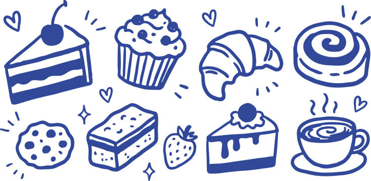 Blue hand drawn bakery icons, sweet pastry doodles, 8 dessert vector elements