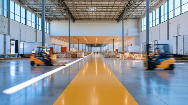 Motion blur of forklifts in busy industrial distribution terminal with loading dock