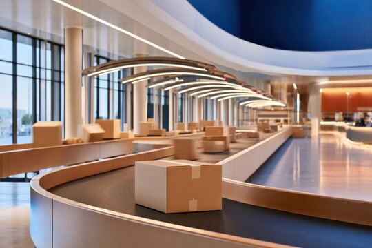 Long industrial conveyor carrying cardboard boxes for sorting in modern distribution center