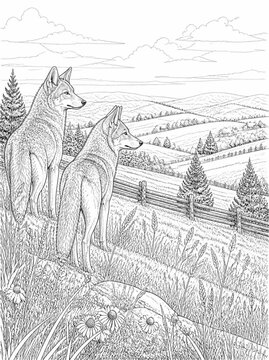 black and white drawing wolves in a field