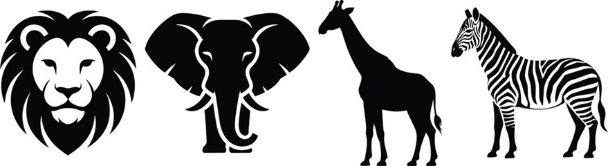 Naklejka premium Safari icon set animals collection featuring a lion face, elephant head, giraffe body, and zebra standing in a solid black silhouette style isolated on a plain white background for wildlife