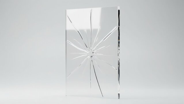 Transparent glass plate with a starburst crack pattern on white background