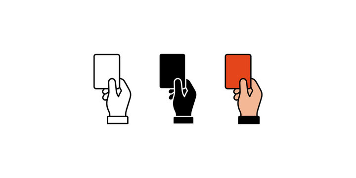 Red card soccer referee hand icons in outline and flat styles for sports foul and disciplinary penalty graphics.