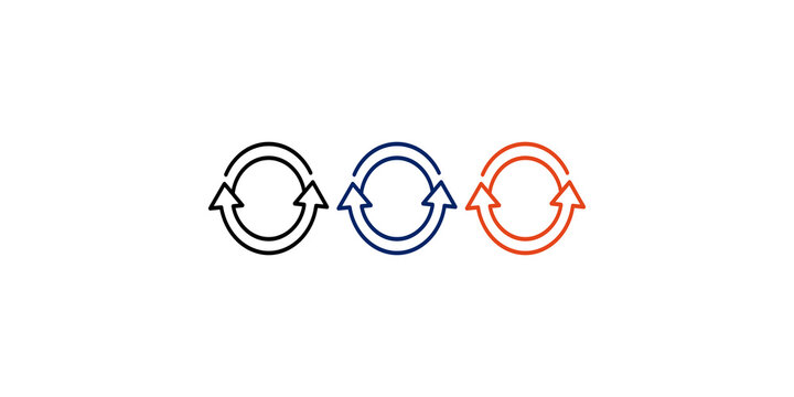 Three reload or refresh line icons in black, blue, and orange colors on transparent background.