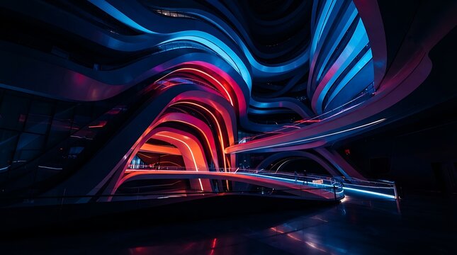 Abstract digital background featuring vibrant blue and red light trails creating a futuristic tunnel effect in darkness