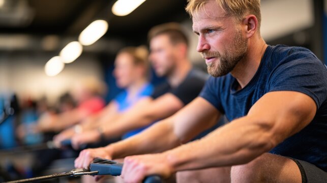 Group endurance training session with rowers in modern gym