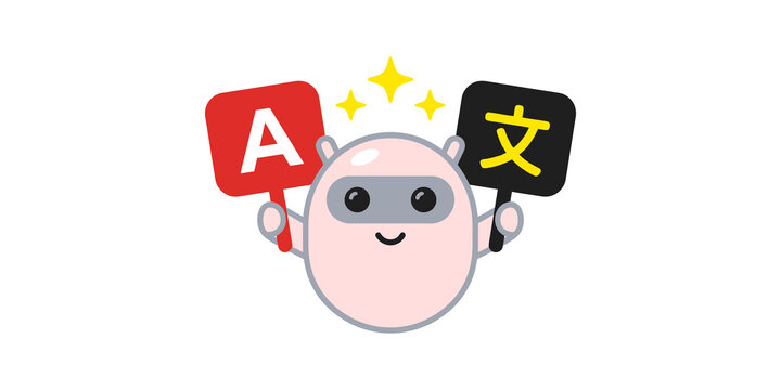 Cute robot holding translation signs in multiple languages flat cartoon icon on transparent background.