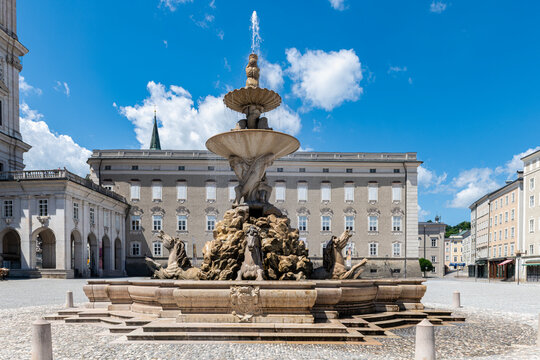 The Residence Fountain in Residenzplatz Square in the heart of Salzburg, Austria