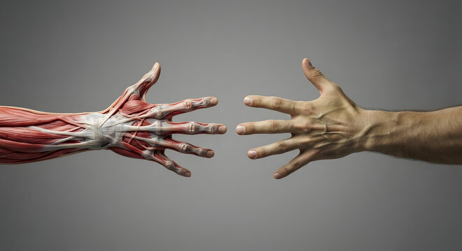 Anatomical Hands Reaching Toward Each Other with Exposed Muscles