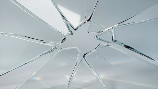 Abstract background of shattered glass texture with sharp cracks and light reflections