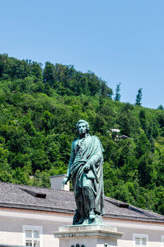 The Mozart statue In the centre of the Mozartplatz in Salzburg, Austria