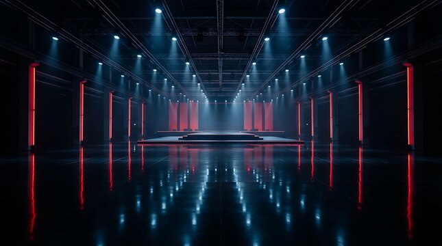 Empty fashion runway stage with dramatic blue and red neon lighting in a dark modern studio