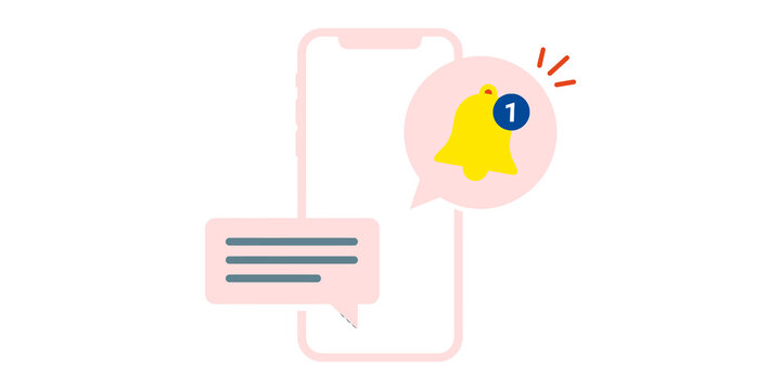 Notification bell alert on phone outline uses yellow and pink tones for social media updates and unread message news.
