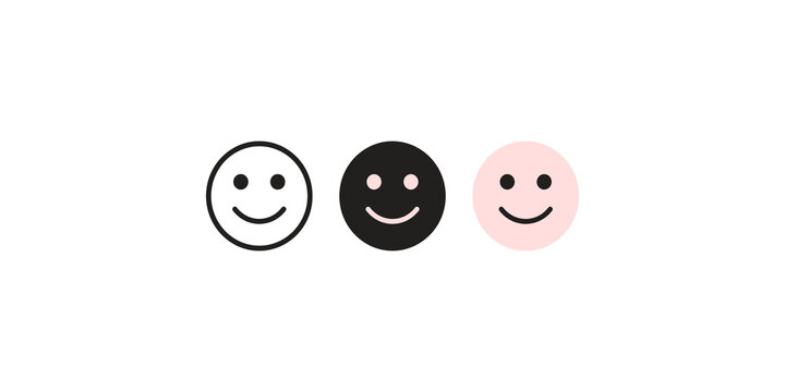 Three smiling face emoticons in outline solid black and pink for happiness joy and positive emotion.