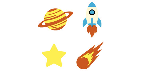 Space exploration vector kit includes yellow planet with rings white rocket ship star and flaming orange comet. © Jpeg shop opened