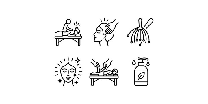 Massage and spa therapy icon set presenting thin line drawings of facial treatment head massage and oil bottles.
