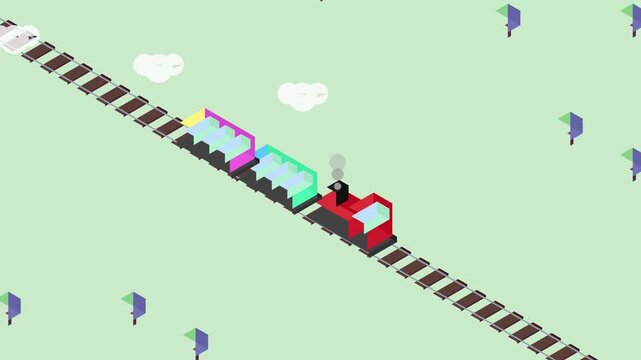 Isometric Railway Journey Animation 4K 60fps Featuring a Train Moving on Tracks in 16 9 Canvas View