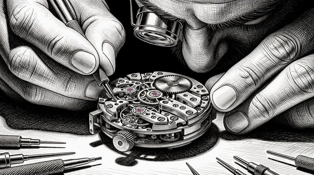 Watchmaker uses tiny tools and magnifying glass to fix intricate clock mechanism. Close up hands assemble gears and springs with precision. Skilled artisan works on timepiece detail.