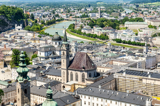 Aerial view of Salzburg and its many churches in Austria viewed from the Hohensalzburg Fortress