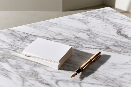 Stacked blank cards and gold fountain pen on white marble surface