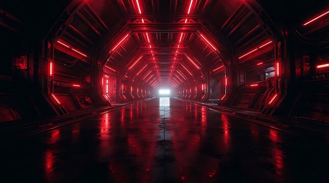 Futuristic dark corridor with glowing red neon lights and a bright white light at the end