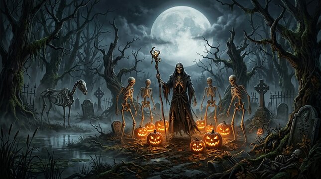 Spooky Halloween necromancer in graveyard, dark fantasy sorcerer with skeletons and jack-o-lanterns, eerie cemetery moonlit night