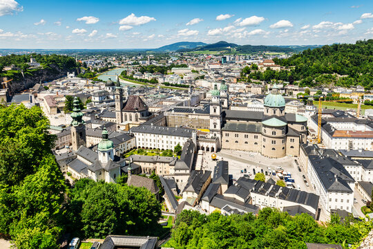 Aerial view of Salzburg , Austria and the Cathedral plus other churches viewed from the Hohensalzburg Fortress